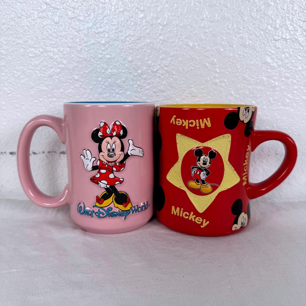 Vintage Disney Mickey Minnie Mouse Coffee Mugs Set of Two - Picture 1 of 9